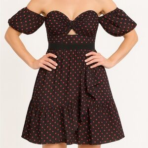 Elegant Purple with Red Polka Dot Off-Shoulder A-Line Dress.